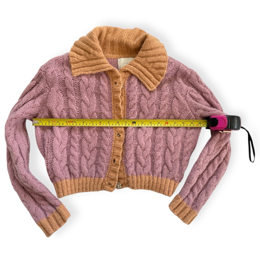 Lush Pink Orange Contrast Trim Cable Knit Cropped Cardigan Small Fairy Indie Fun - Picture 5 of 6